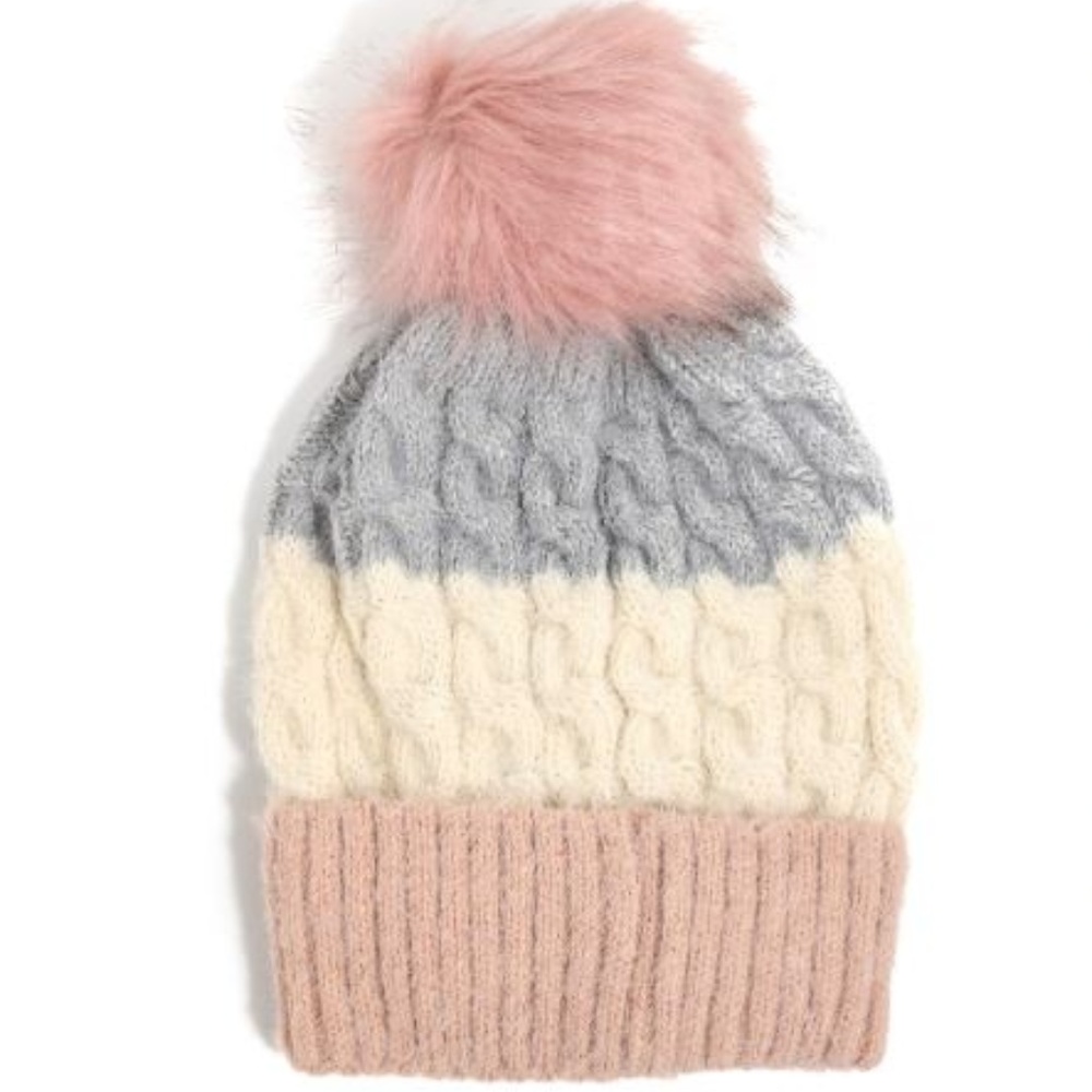 Pink, Cream and Gray Fuzzy Beanie